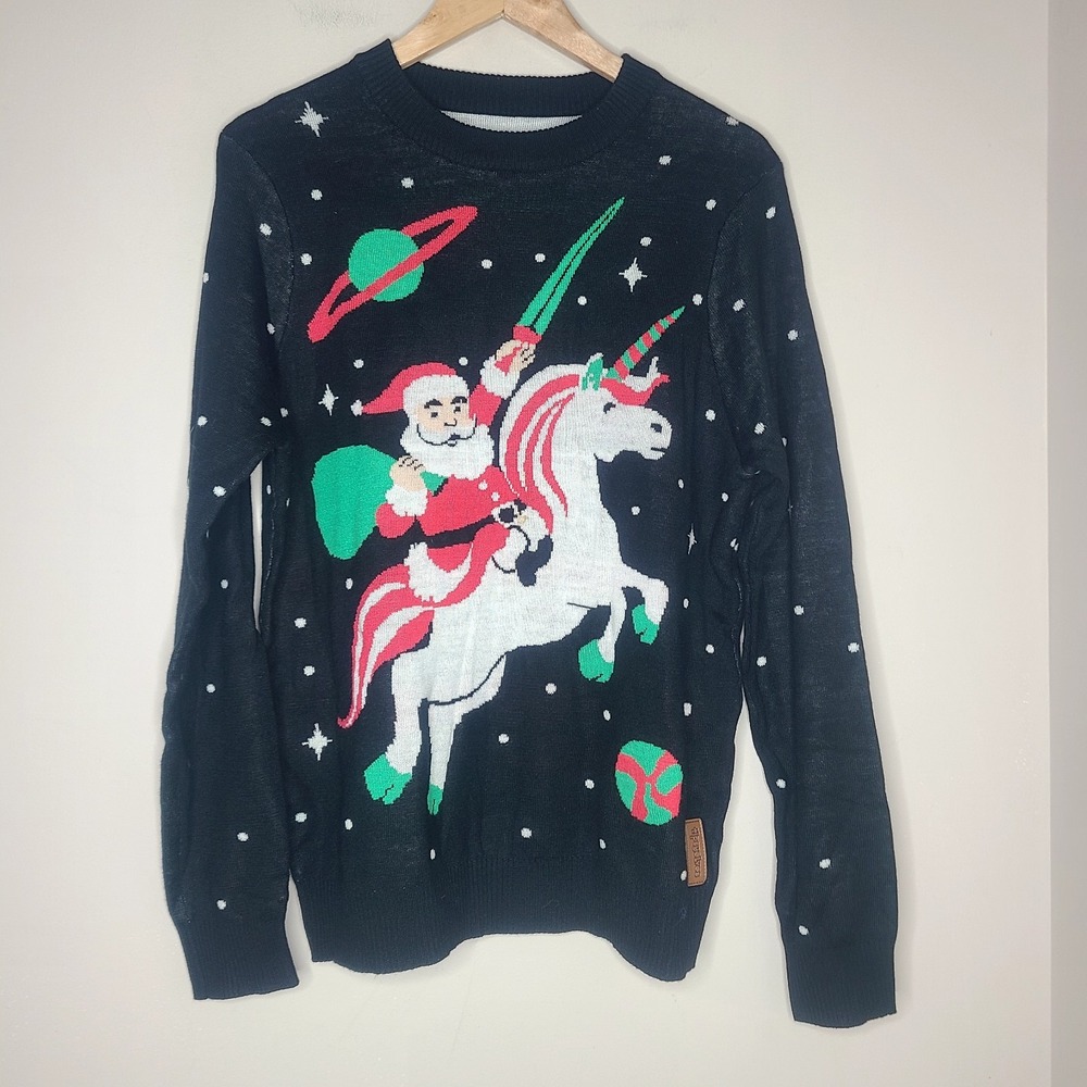 Tipsy Elves Men's Black Santa Ugly Christmas Unicorn Sword‎ Sweater Unisex M